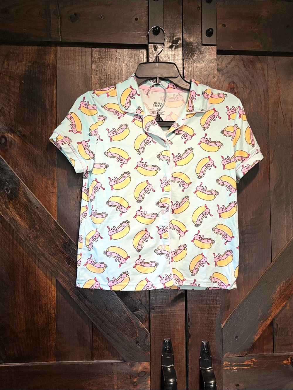 Kids Short-Sleeve Pajama Top with Pastel Hot Dog Print - Light Mint
